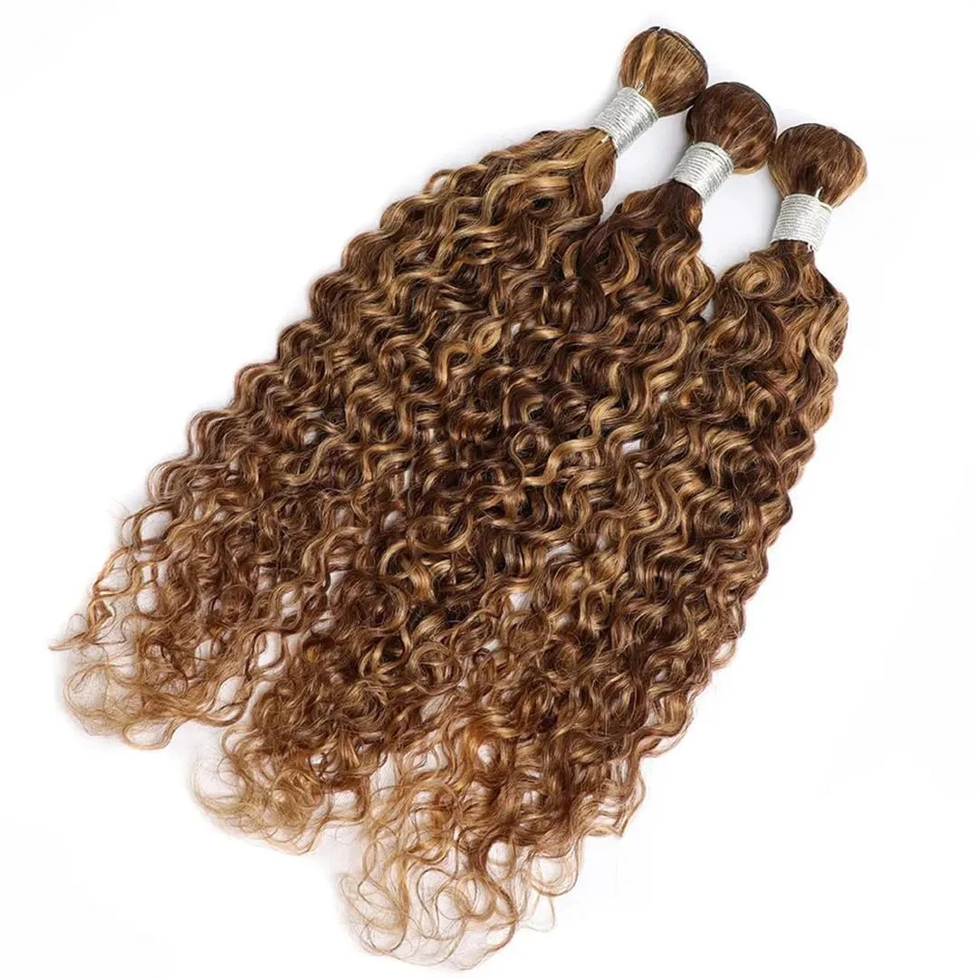 Water Wave Bundles Brown Blonde Weave Bundles Hair Curly Remy Human Hair Weaving Bundles 100G Per Piece 14 14 14
