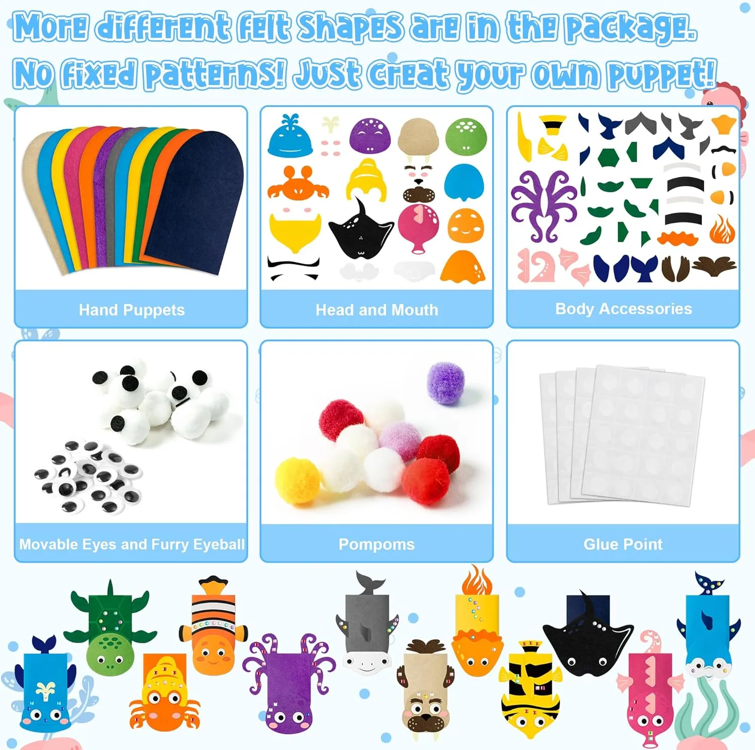 WATINC 12Pcs Hand Puppet Making Kit, Art Craft Felt Sock Puppet Toys, Creative DIY Make Your Own Pompoms Wiggle Googly Eyes Storytelling Role Play Party Supplies Gift for Girls Boys (Ocean Animals)