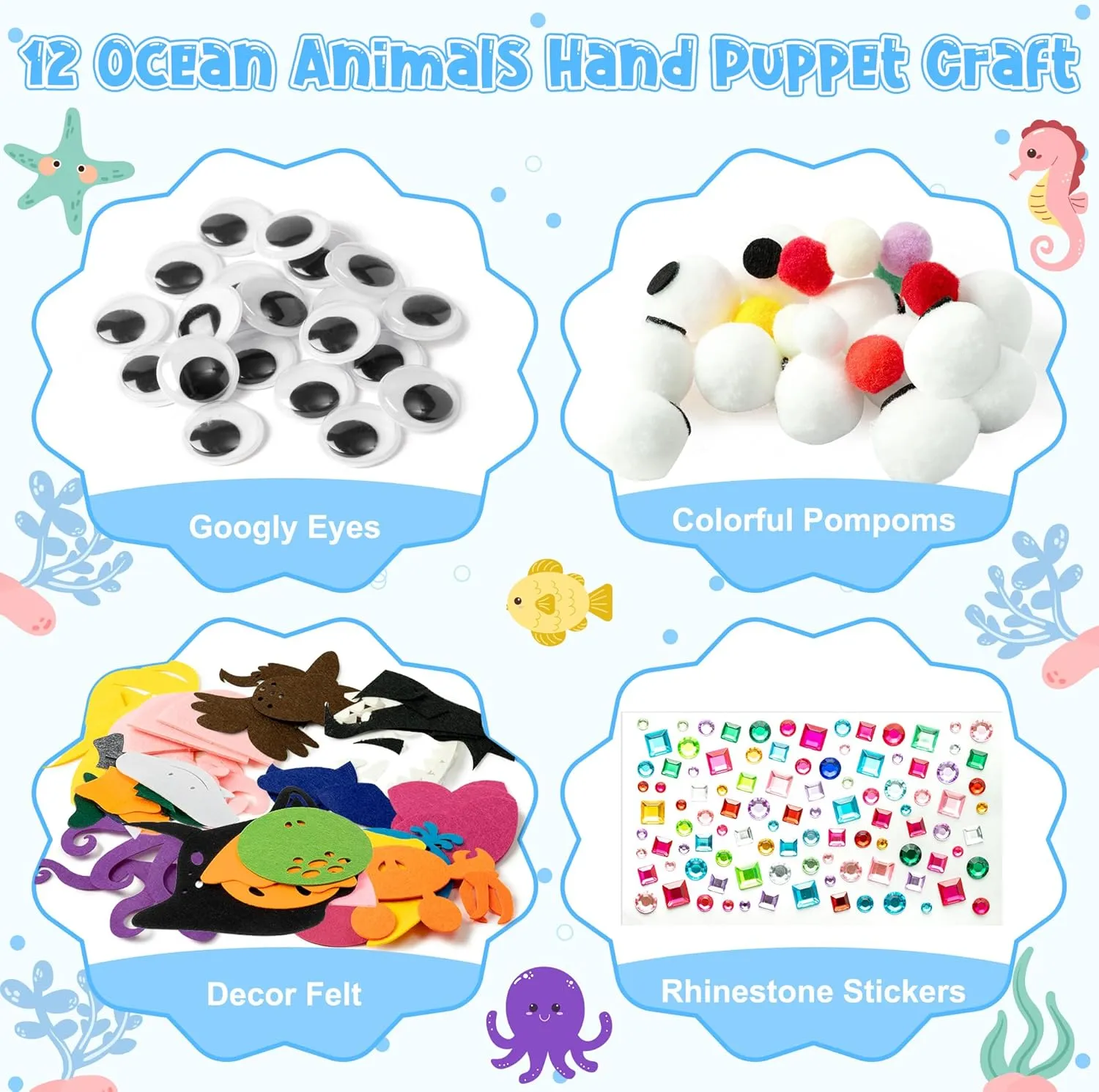 WATINC 12Pcs Hand Puppet Making Kit, Art Craft Felt Sock Puppet Toys, Creative DIY Make Your Own Pompoms Wiggle Googly Eyes Storytelling Role Play Party Supplies Gift for Girls Boys (Ocean Animals)