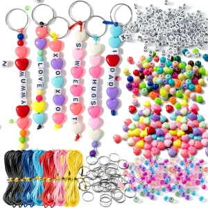 WATINC DIY Keychain Making Crafts Kits Adjustable Letter Heart Shape 6mm Pony Transparent Beads Key Ring Bag Charm Bracelet Supplies Jewelry Accessories Holiday Party Favor for Women Men (572Pcs)