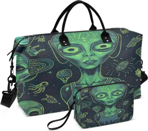 Weekender Bags for Women,Foldable Cute Aliens Travel Duffel Bag with Trolley Sleeve Travel Tote Gym Bag with Toiletry Bag