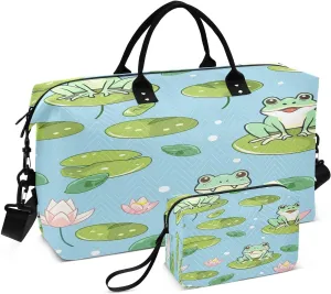 Weekender Bags for Women,Foldable Lotus Pond Green Frog Travel Duffel Bag with Trolley Sleeve Travel Tote Gym Bag with Toiletry Bag
