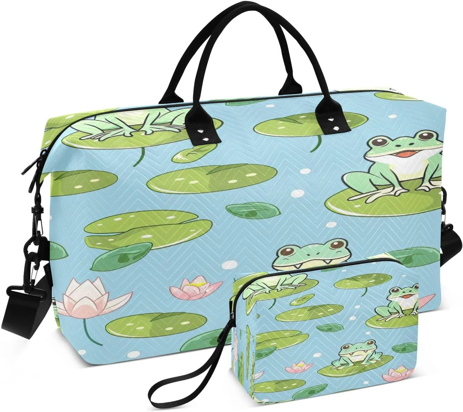 Weekender Bags for Women,Foldable Lotus Pond Green Frog Travel Duffel Bag with Trolley Sleeve Travel Tote Gym Bag with Toiletry Bag