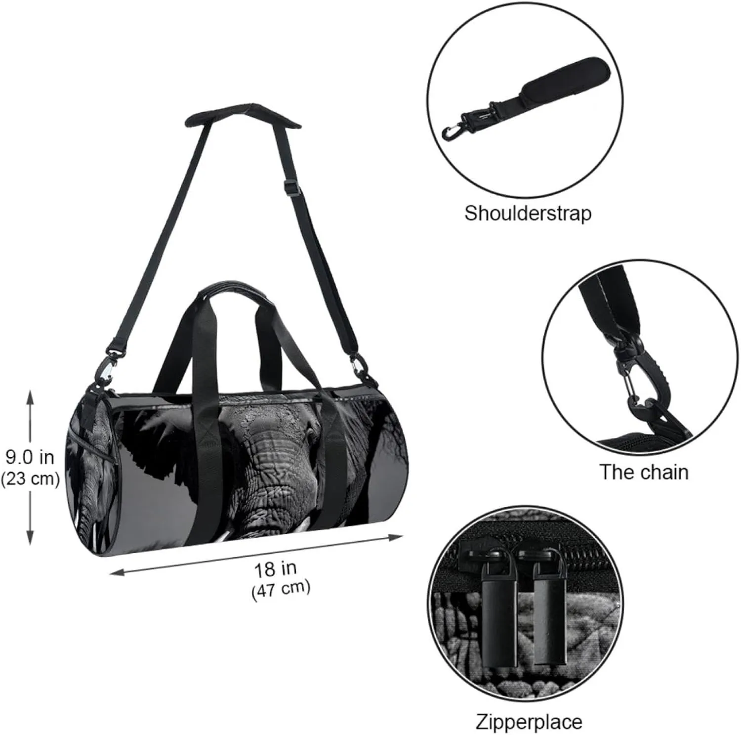Weekender Travel Bag,Small Gym Bag,Asian Elephant Face Portrait,Gym Duffle Bag