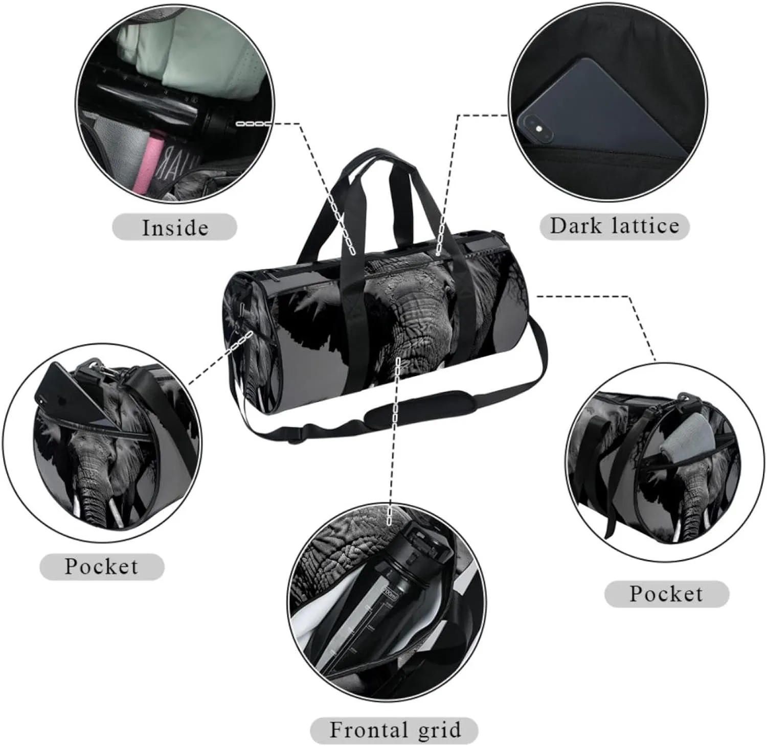 Weekender Travel Bag,Small Gym Bag,Asian Elephant Face Portrait,Gym Duffle Bag