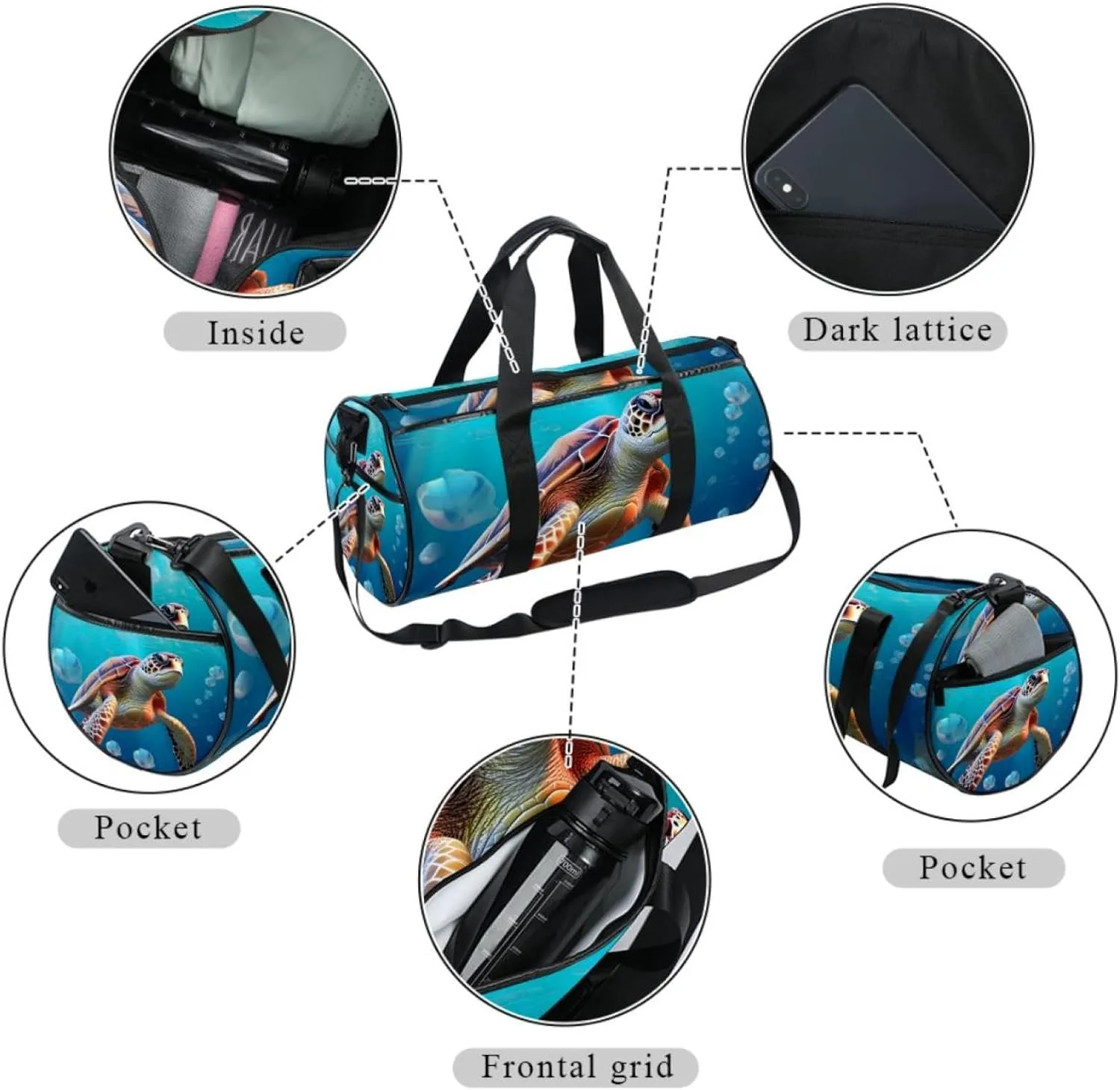 Weekender Travel Bag,Small Gym Bag,Bubble Blue Sea Turtle,Gym Duffle Bag