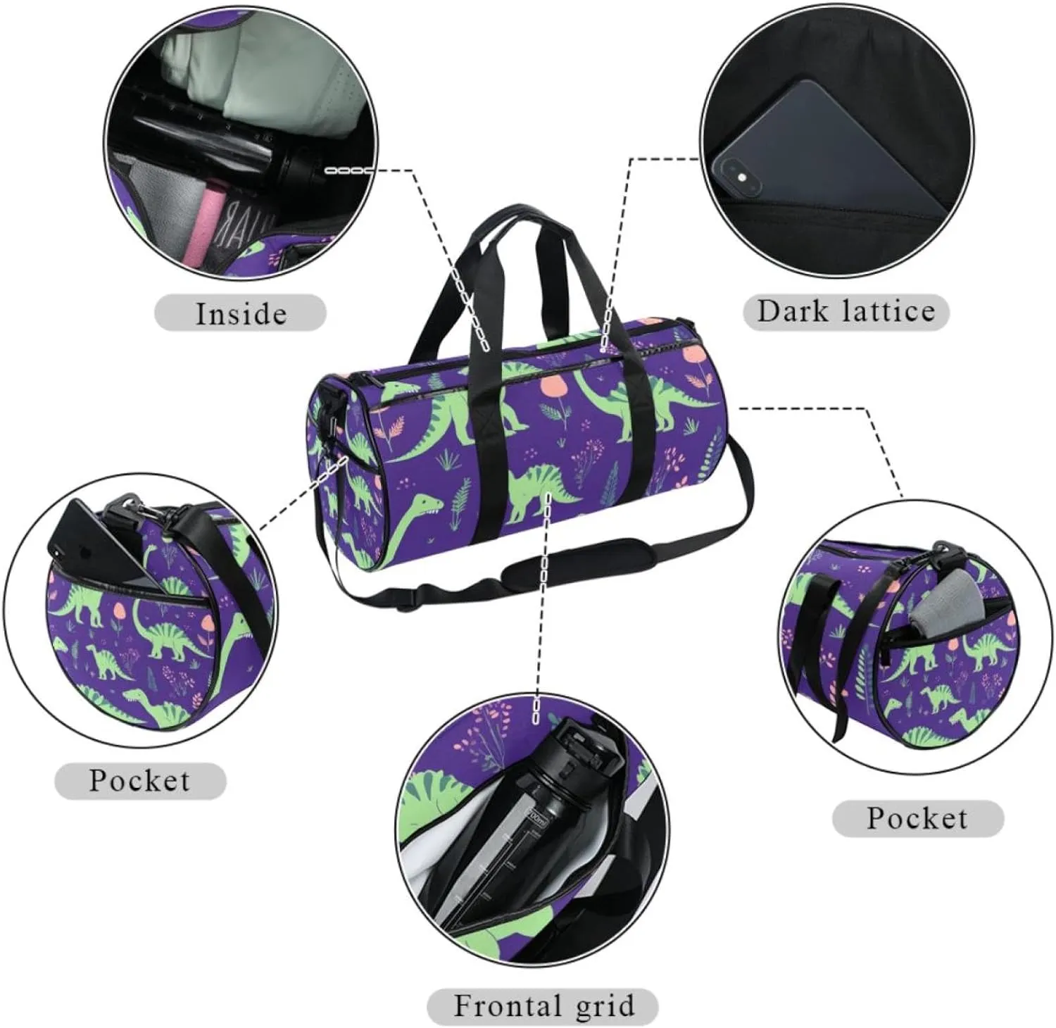 Weekender Travel Bag,Small Gym Bag,Cartoon Green Dinosaur,Gym Duffle Bag