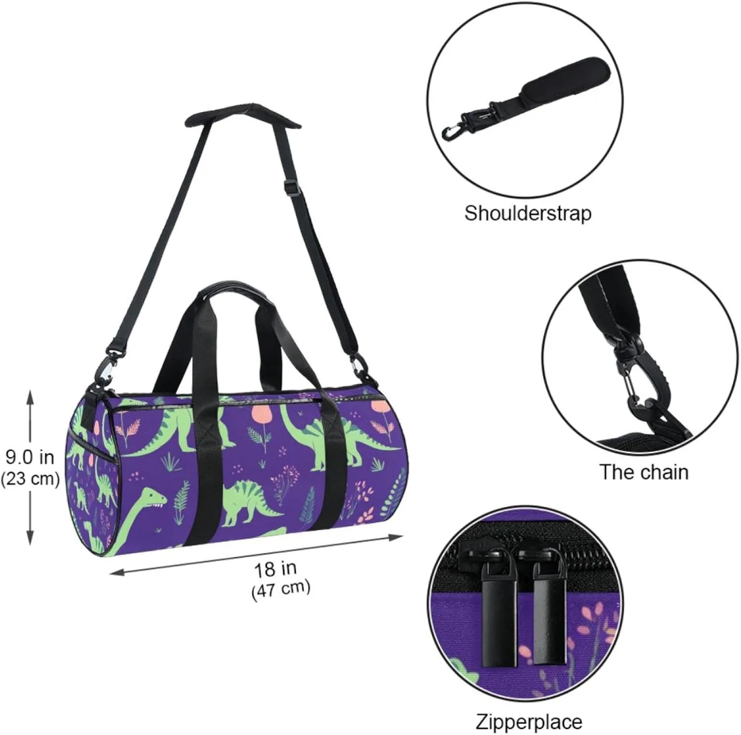 Weekender Travel Bag,Small Gym Bag,Cartoon Green Dinosaur,Gym Duffle Bag