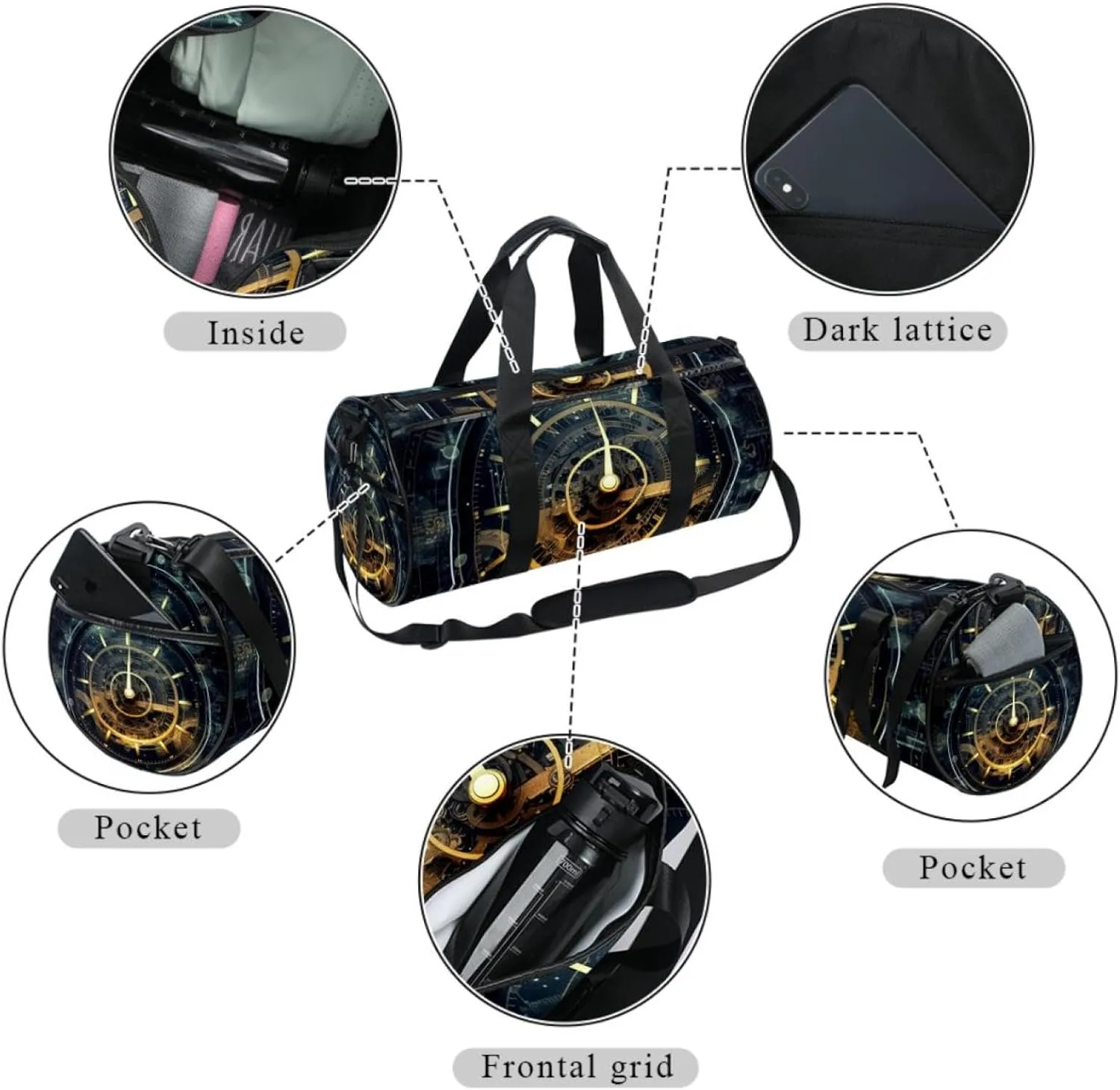 Weekender Travel Bag,Small Gym Bag,Vintage Mechanical Clock,Gym Duffle Bag