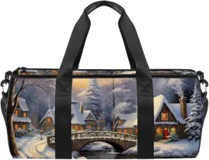 Weekender Travel Bag,Small Gym Bag,Winter House Bridge River,Gym Duffle Bag