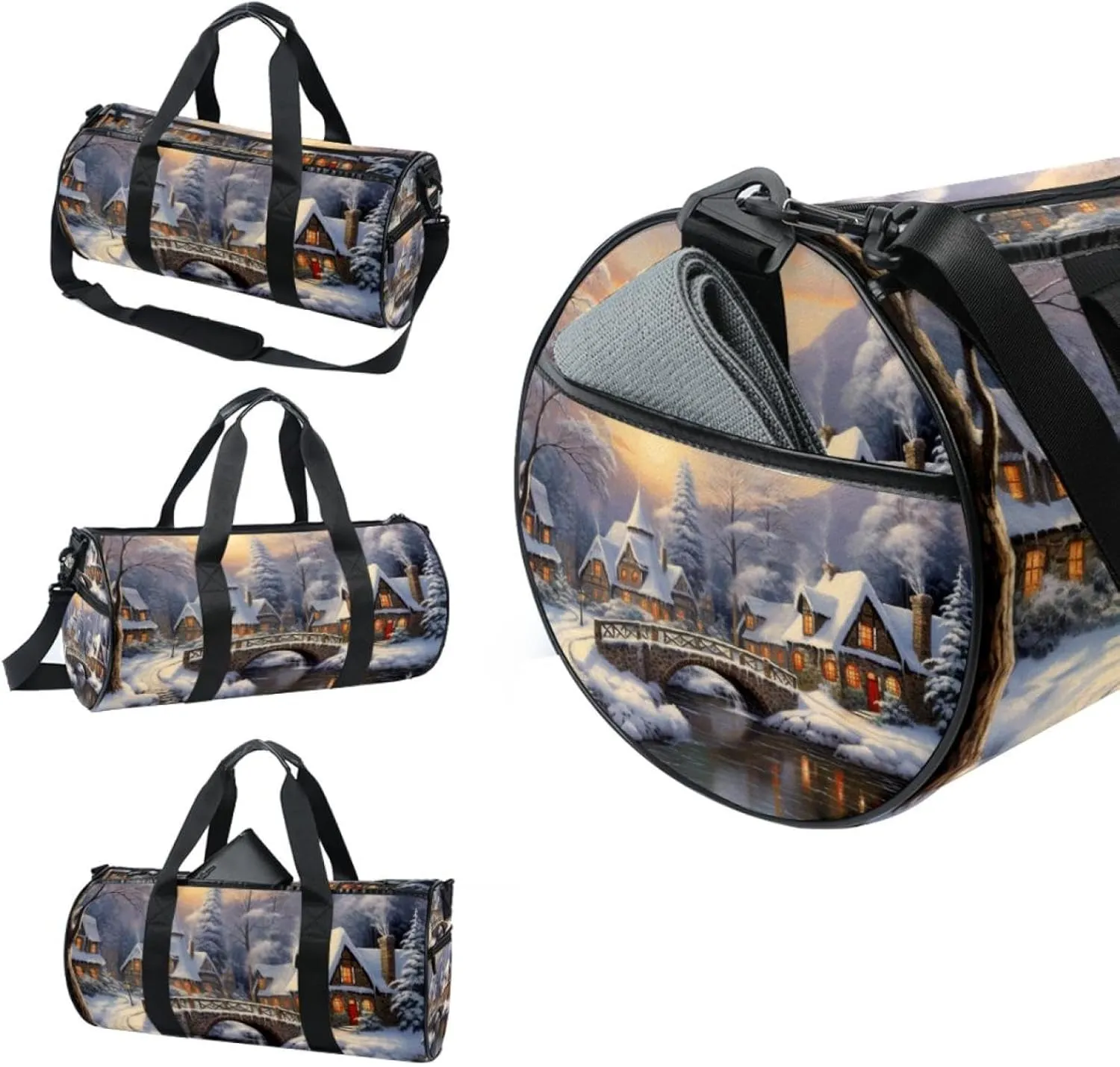 Weekender Travel Bag,Small Gym Bag,Winter House Bridge River,Gym Duffle Bag