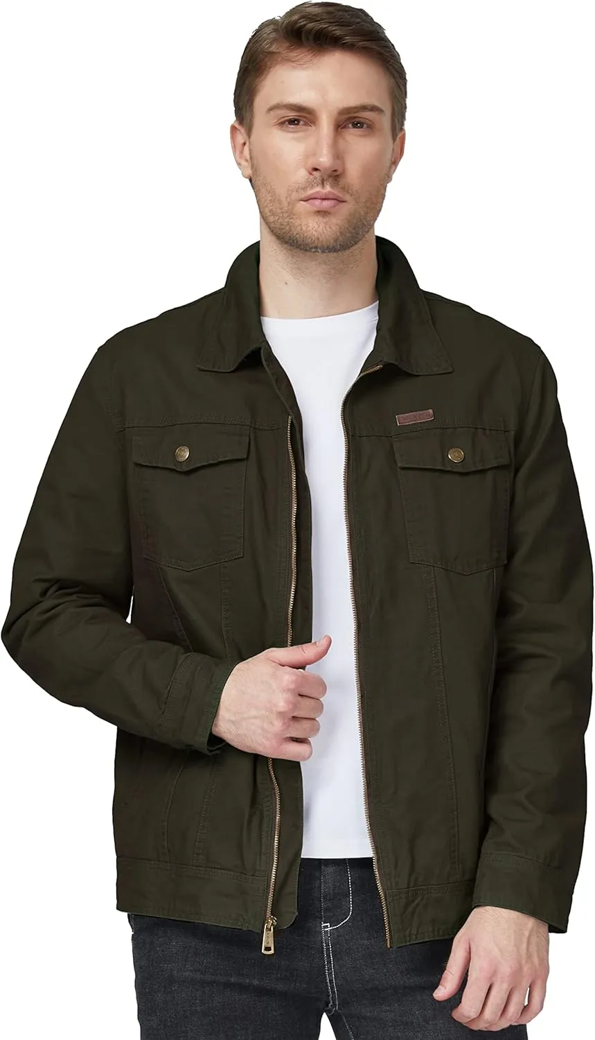 WenVen Men's Casual Canvas Cotton Jacket Lightweight Military Utility Jacket