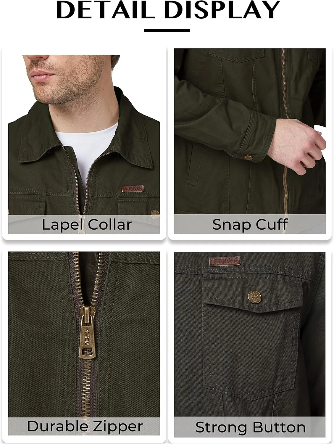 WenVen Men's Casual Canvas Cotton Jacket Lightweight Military Utility Jacket