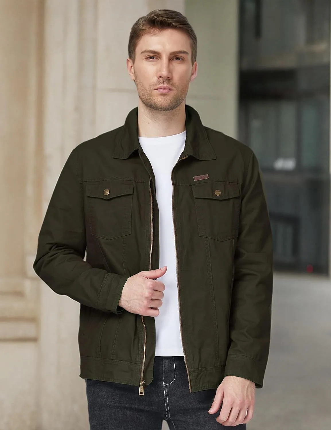 WenVen Men's Casual Canvas Cotton Jacket Lightweight Military Utility Jacket