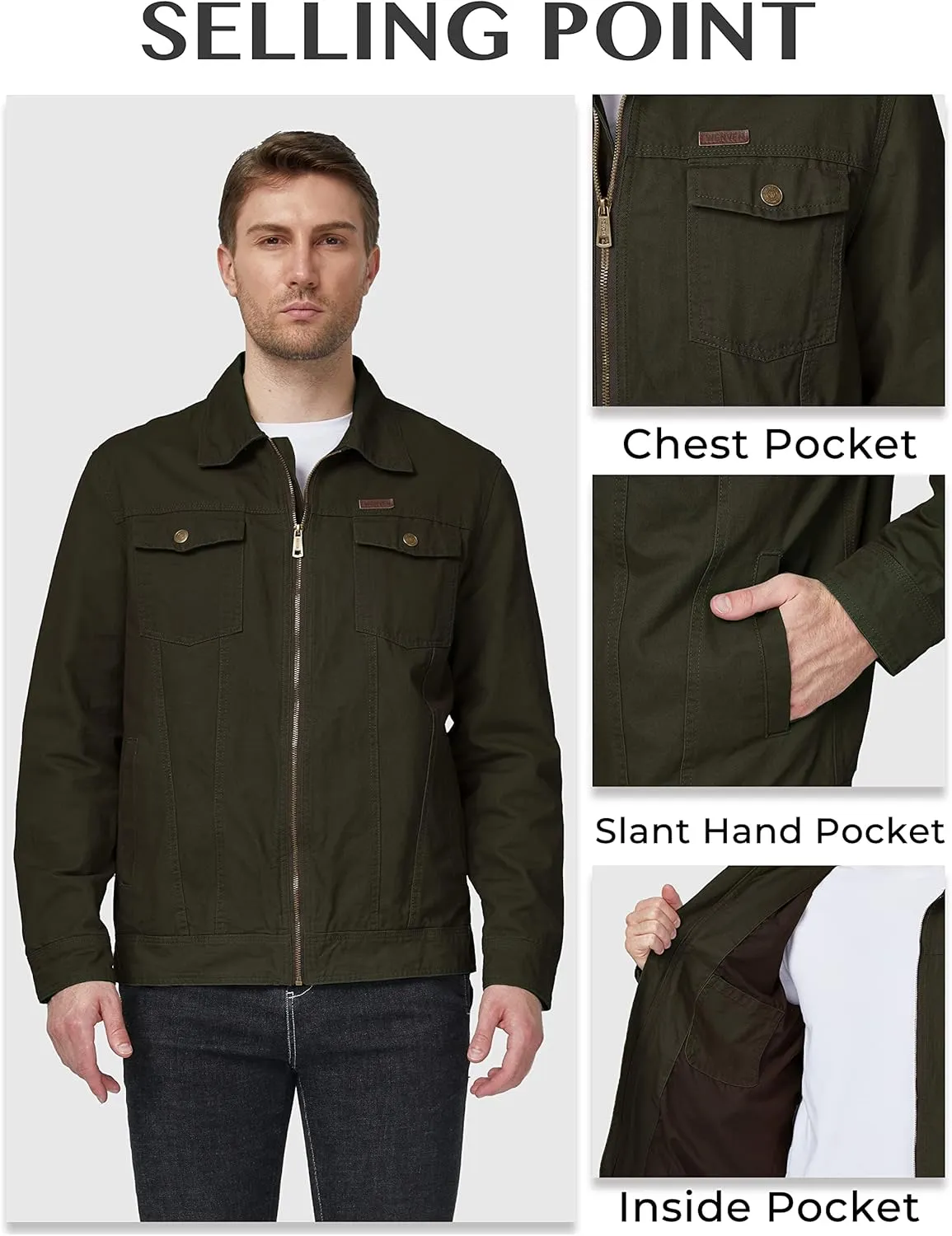 WenVen Men's Casual Canvas Cotton Jacket Lightweight Military Utility Jacket