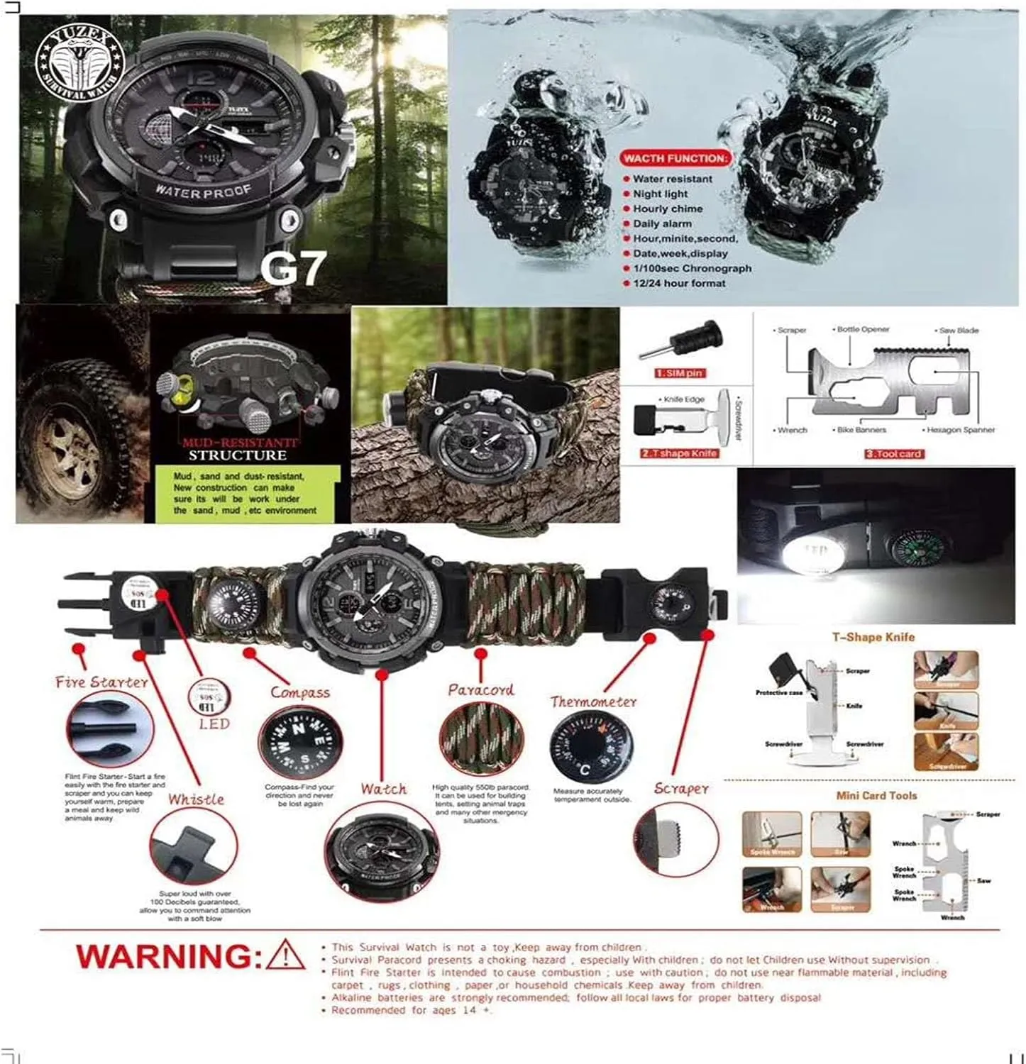 Wilderness Survival Outdoor Hiking Watch, 50M Water Resistant, Compass and More, Your Ultimate Backcountry Companion!