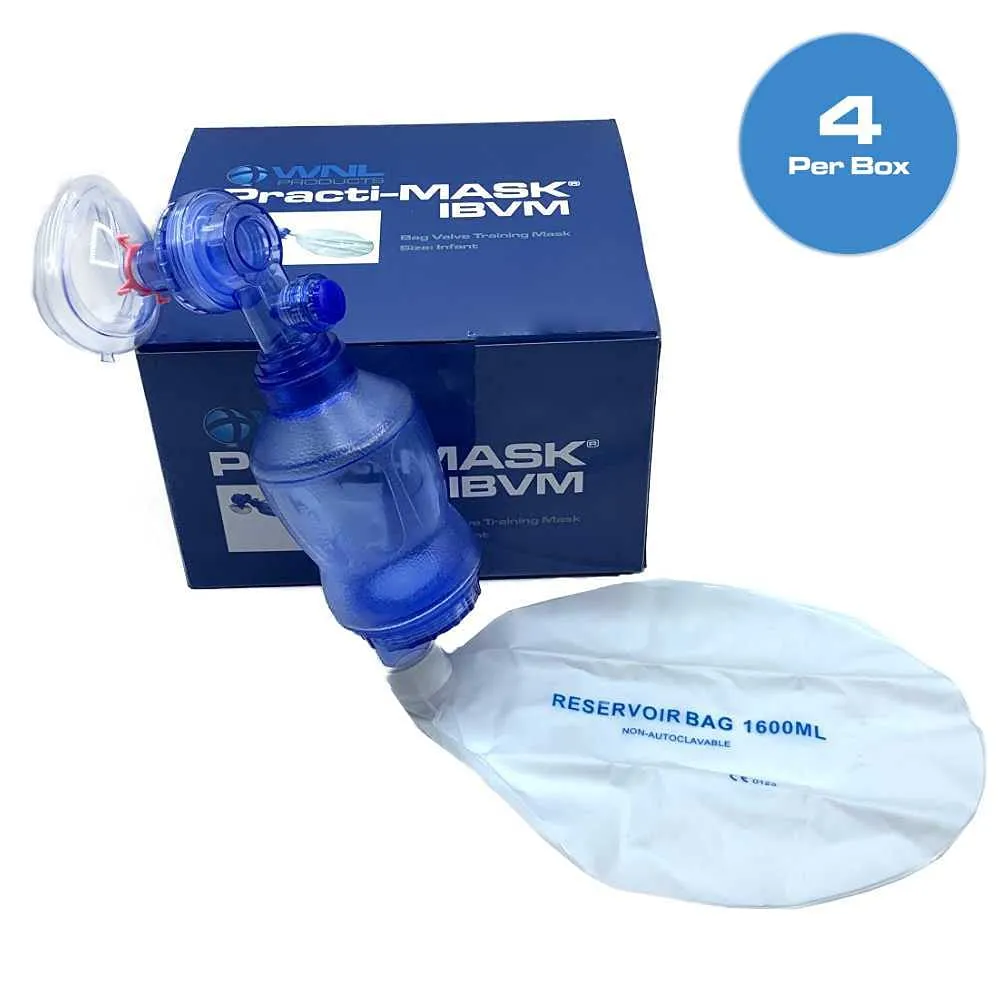 WNL Products 5000IBVM Practi-Mask BVM CPR Training Includes 4 Infant CPR Training Practi-Masks, 4 Infant Bag Valve Squeeze, 4 Reservoir Bags (4 Pack)