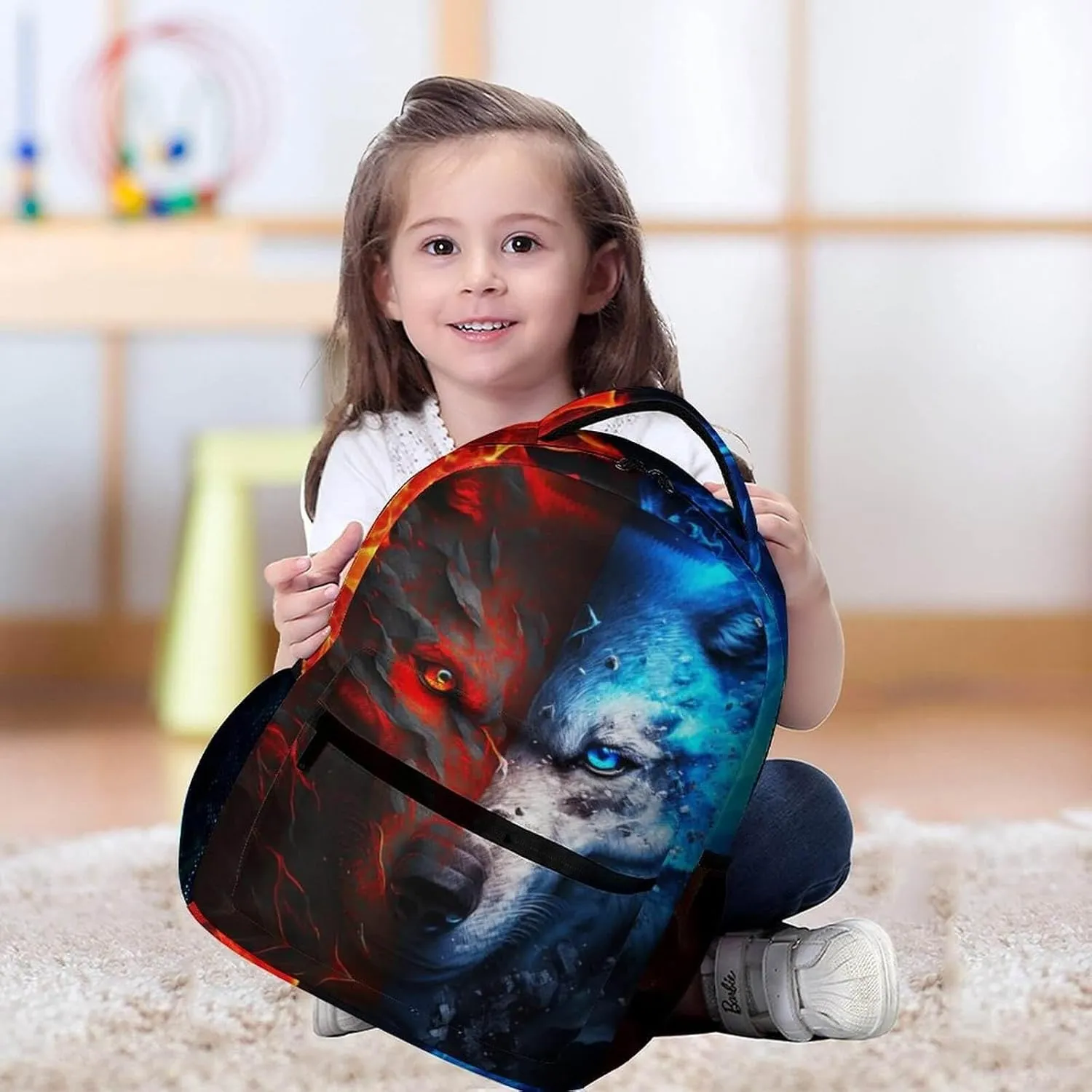 Wolf Backpack for Kids Girls Boys School, 16 Inches Cute Wolf Theme Bookbag, Adjustable, Lightweight, Large Capacity, Colorful Wolf Backpack for School