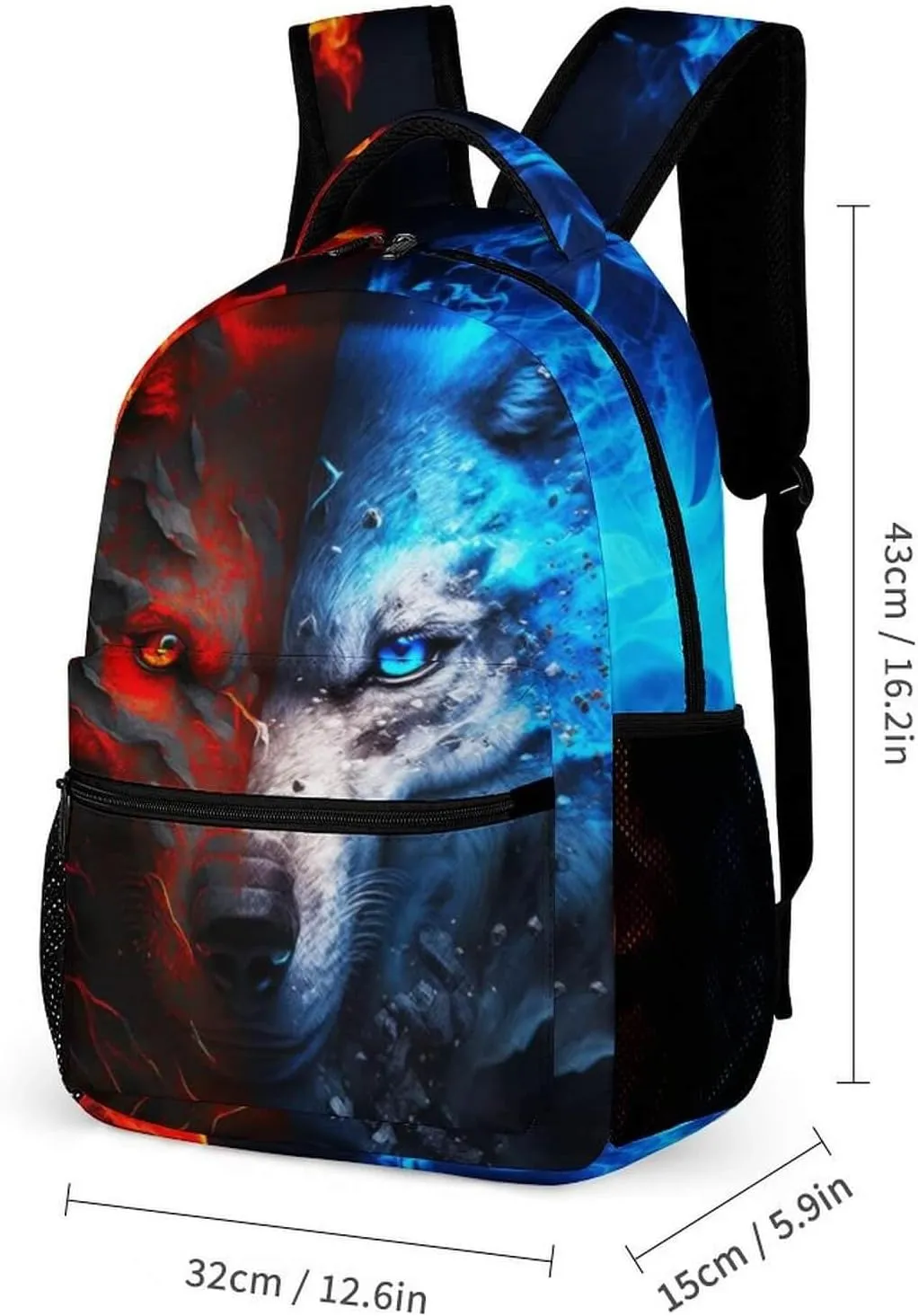 Wolf Backpack for Kids Girls Boys School, 16 Inches Cute Wolf Theme Bookbag, Adjustable, Lightweight, Large Capacity, Colorful Wolf Backpack for School