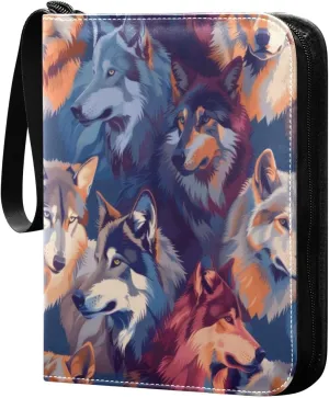 Wolves Colorful Card Binder 4-Pocket, 400 Pockets PU Waterproof Zippered Collector Card Album with 50 Removable Sleeves for Trading, Game Cards