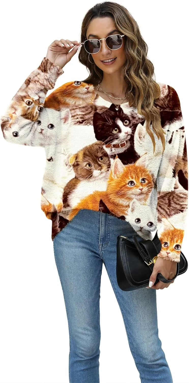 Women Christmas Sweater Graphic Oversized Long Sleeve Boho Printed Loose Fit Casual Knit Pullover Sweaters Top