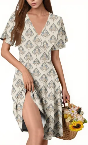 Women Dresses Short Sleeve A-Line Dresses Elegant V-Neck Vintage Sundress Floral Casual 2025 Summer Midi Dress
