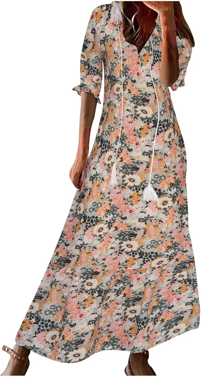 Women Elbow Sleeve V Neck Maxi Dress Fashion Grahpic Design Long Dresses Vintage A Line Casual Sundress