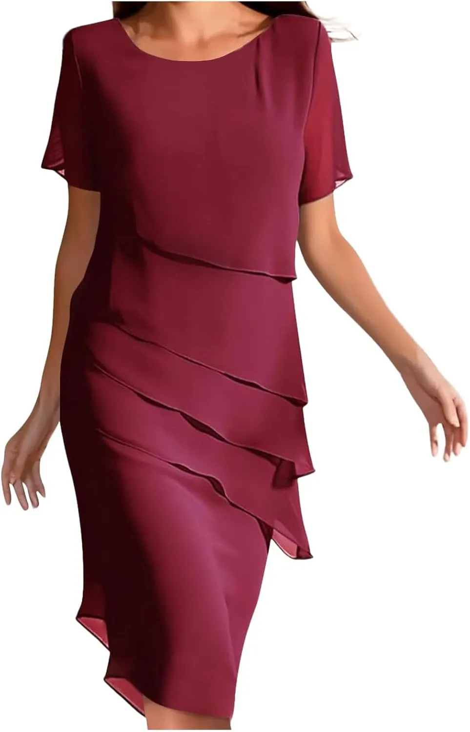 Women Elegant Layered Ruffle Chiffon Midi Dress Summer Flowy Short Sleeve Wedding Cocktail Party Evening Formal Dress