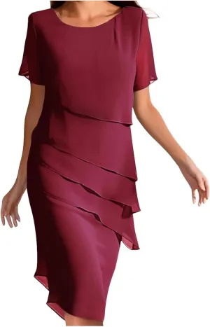 Women Elegant Layered Ruffle Chiffon Midi Dress Summer Flowy Short Sleeve Wedding Cocktail Party Evening Formal Dress
