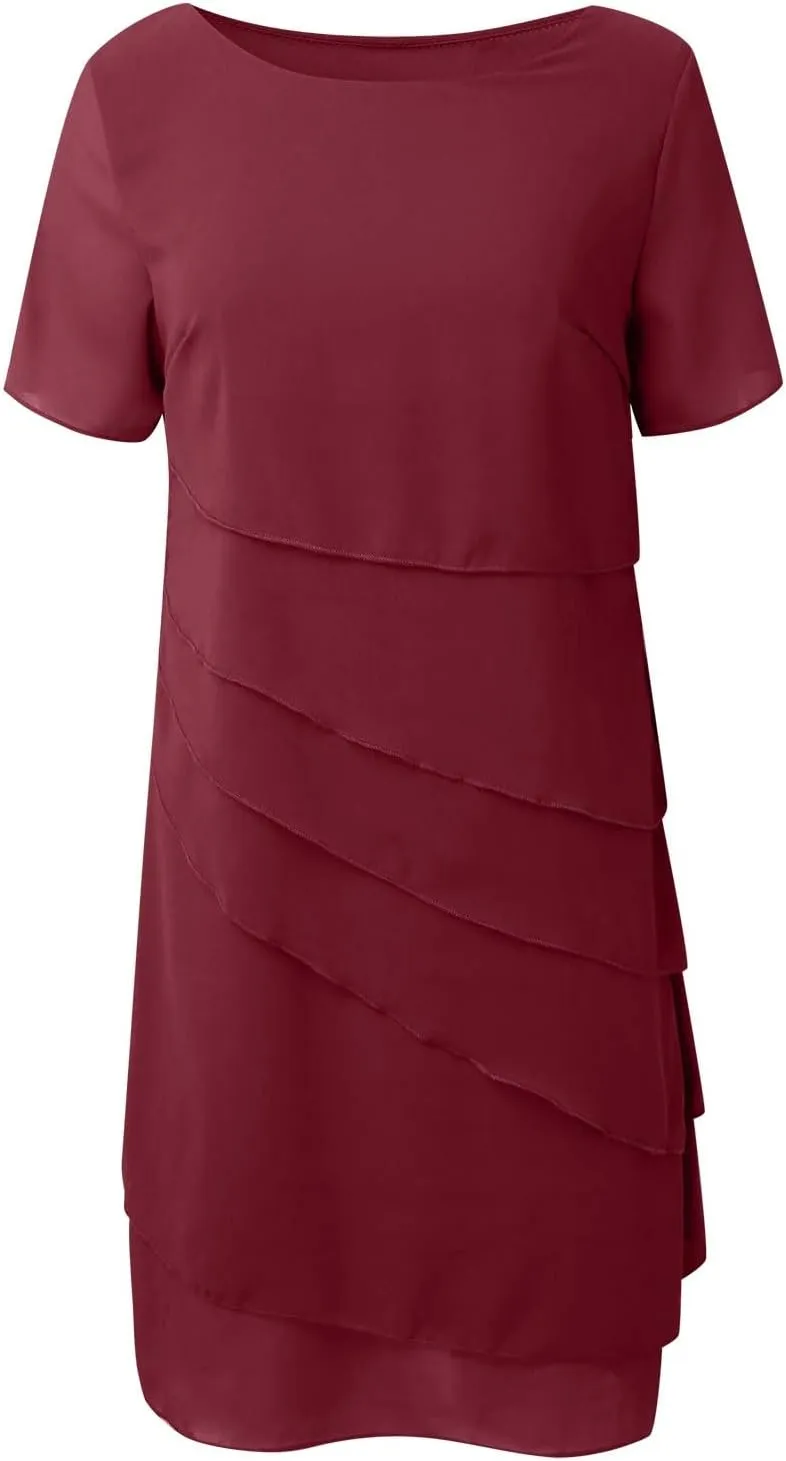 Women Elegant Layered Ruffle Chiffon Midi Dress Summer Flowy Short Sleeve Wedding Cocktail Party Evening Formal Dress