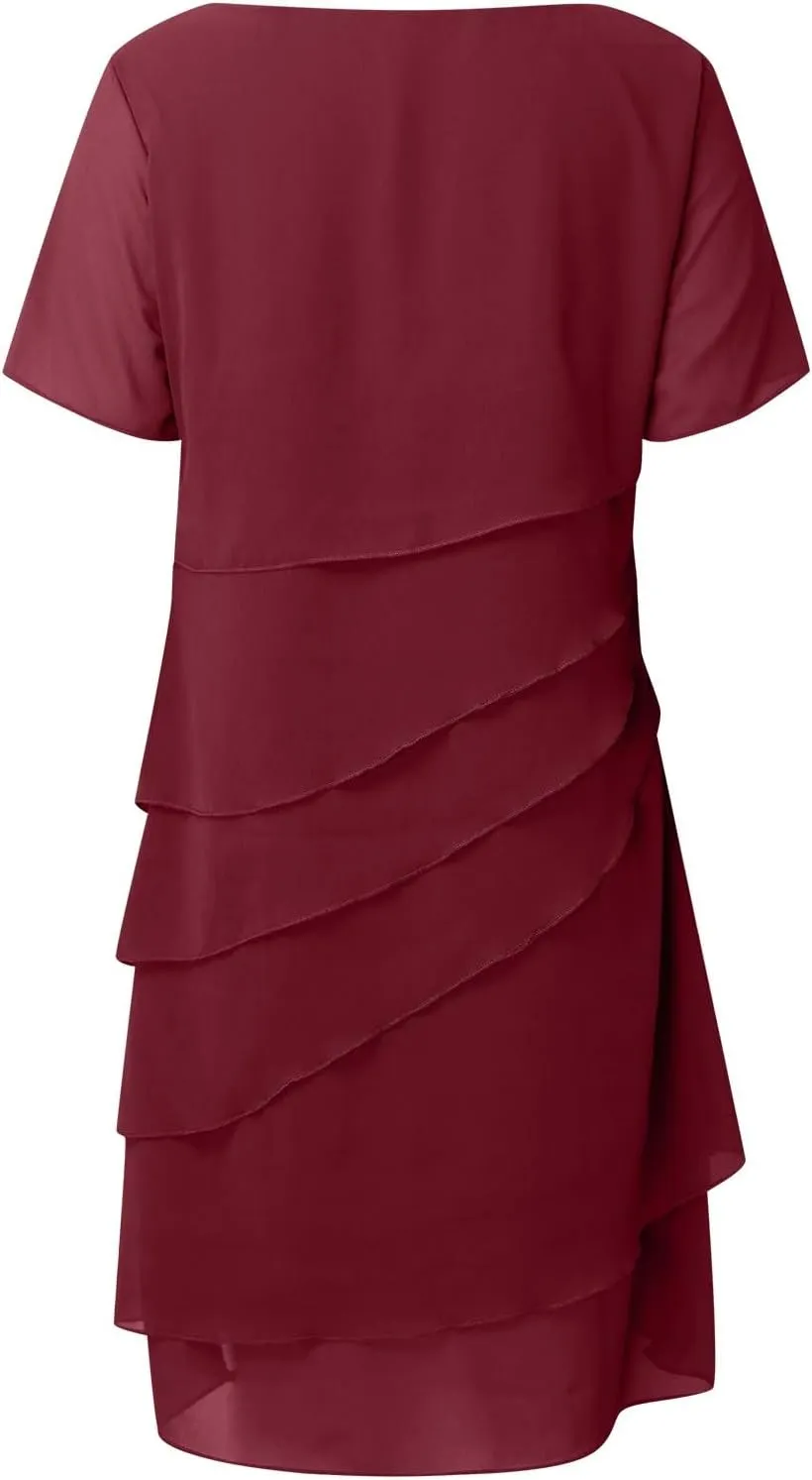Women Elegant Layered Ruffle Chiffon Midi Dress Summer Flowy Short Sleeve Wedding Cocktail Party Evening Formal Dress