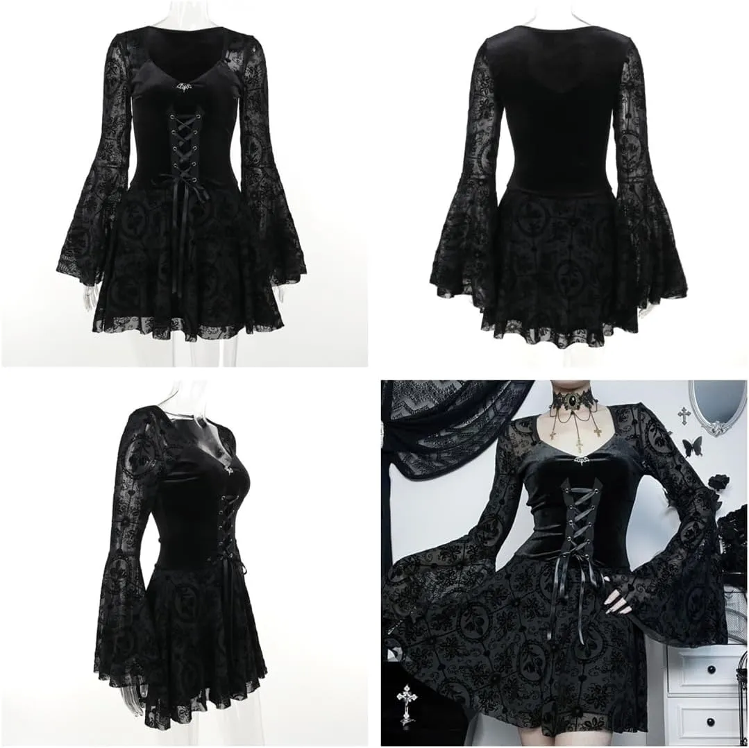 Women Gothic Dress Punk Halloween Vintage Harajuku Velvet Lace Y2k Mall Goth A-Line Dresses