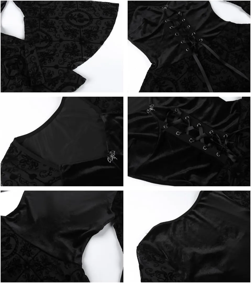 Women Gothic Dress Punk Halloween Vintage Harajuku Velvet Lace Y2k Mall Goth A-Line Dresses