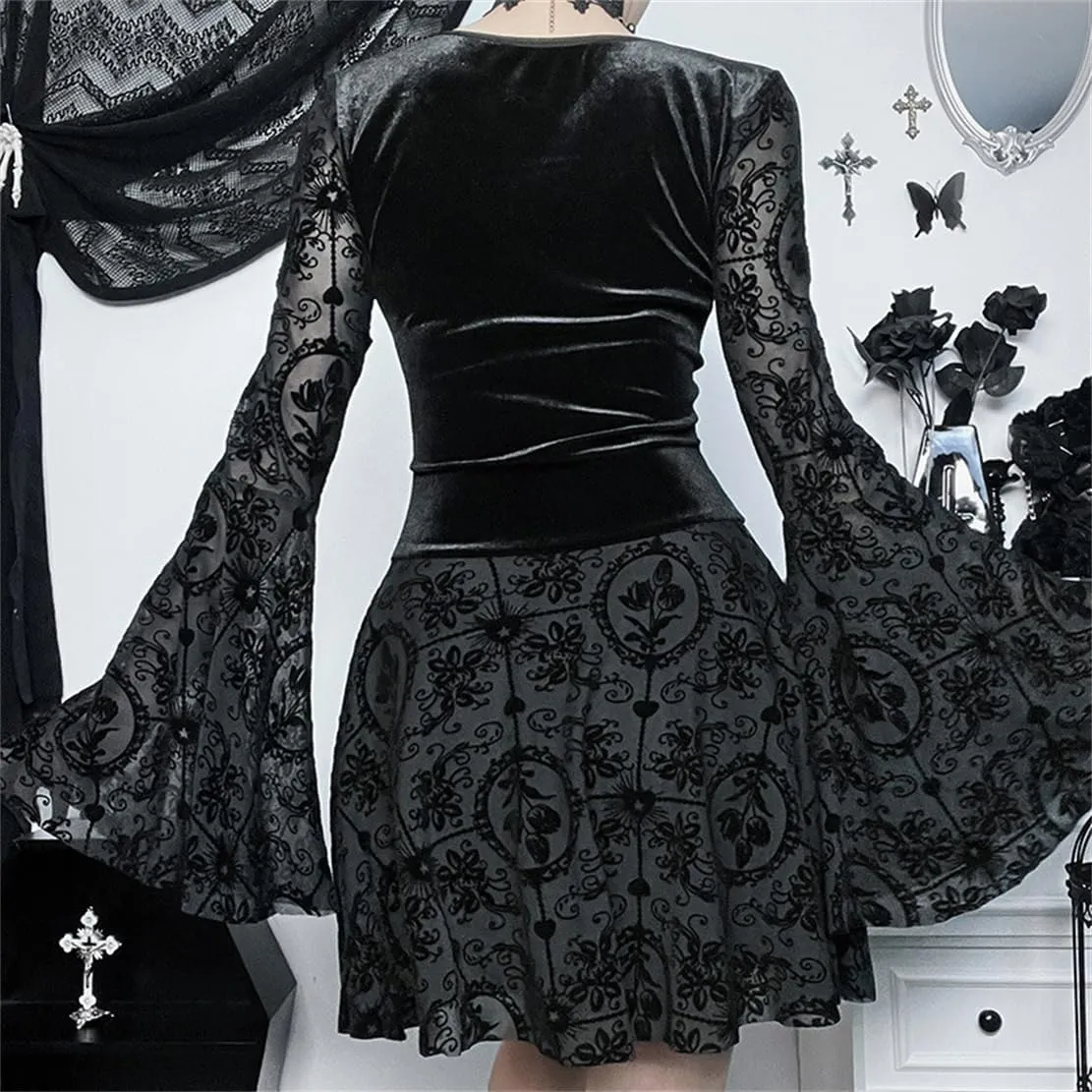 Women Gothic Dress Punk Halloween Vintage Harajuku Velvet Lace Y2k Mall Goth A-Line Dresses