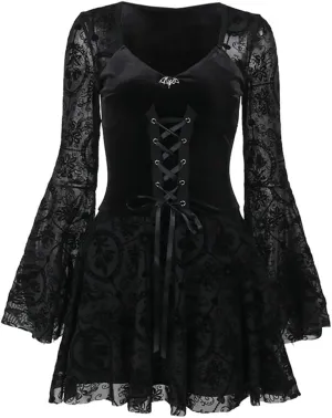 Women Gothic Dress Punk Halloween Vintage Harajuku Velvet Lace Y2k Mall Goth A-Line Dresses