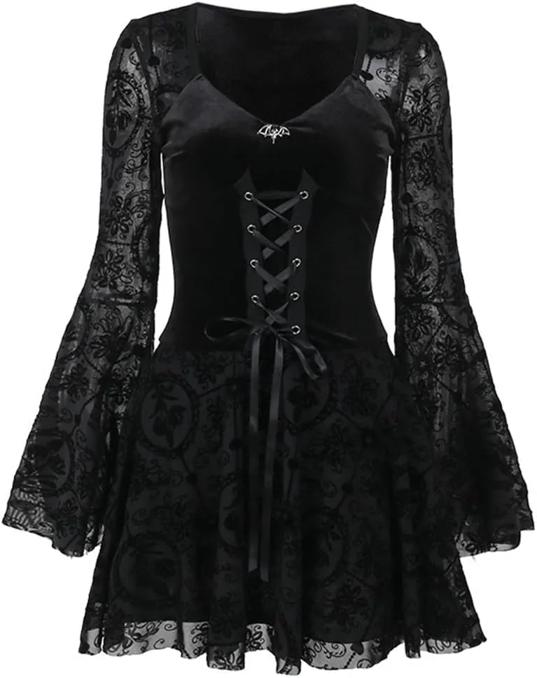 Women Gothic Dress Punk Halloween Vintage Harajuku Velvet Lace Y2k Mall Goth A-Line Dresses