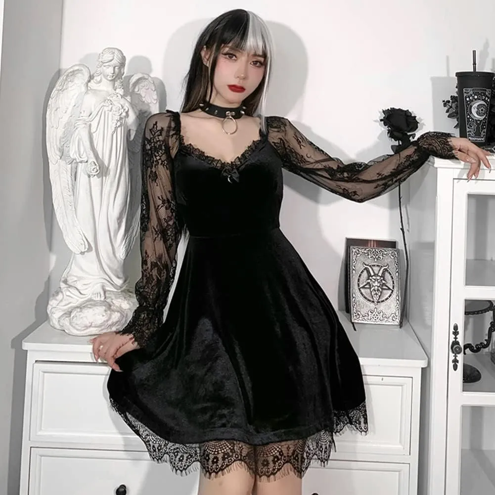 Women Gothic Lolita Dress Black Vintage Grunge Velvet Cocktail Party Dress Lace Patchwork Mesh Long Sleeve Punk Goth Dress