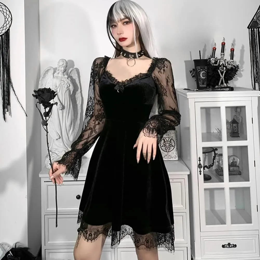 Women Gothic Lolita Dress Black Vintage Grunge Velvet Cocktail Party Dress Lace Patchwork Mesh Long Sleeve Punk Goth Dress