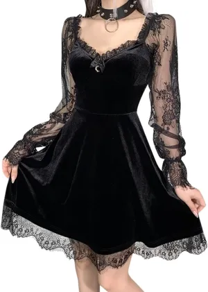 Women Gothic Lolita Dress Black Vintage Grunge Velvet Cocktail Party Dress Lace Patchwork Mesh Long Sleeve Punk Goth Dress