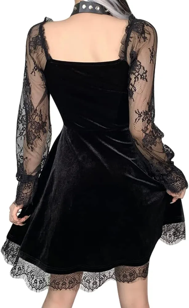 Women Gothic Lolita Dress Black Vintage Grunge Velvet Cocktail Party Dress Lace Patchwork Mesh Long Sleeve Punk Goth Dress