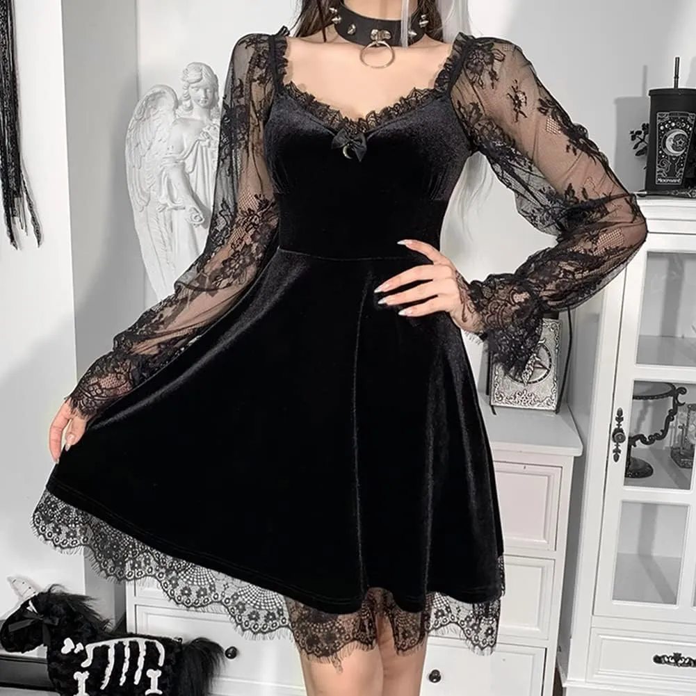 Women Gothic Lolita Dress Black Vintage Grunge Velvet Cocktail Party Dress Lace Patchwork Mesh Long Sleeve Punk Goth Dress