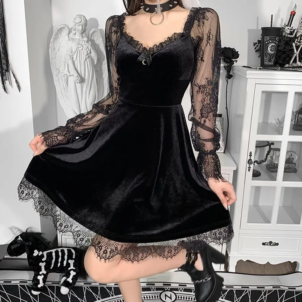 Women Gothic Lolita Dress Black Vintage Grunge Velvet Cocktail Party Dress Lace Patchwork Mesh Long Sleeve Punk Goth Dress