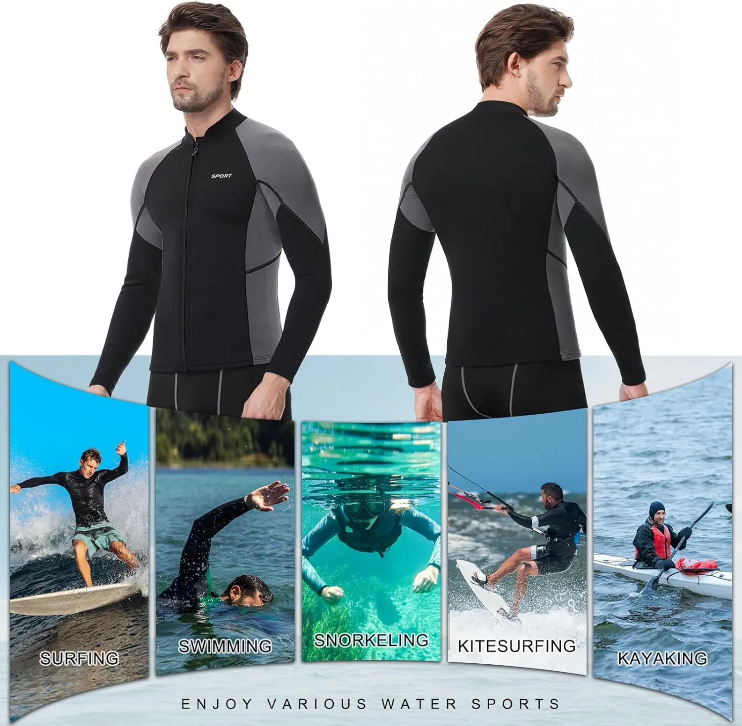 Women Men Top Wetsuit Jacket, 2mm 3mm Neoprene Swim Wet Suit Shirt Long Sleeves Front Zip for Adult Youth Cold Water Snorkeling Diving Surfing Watersports