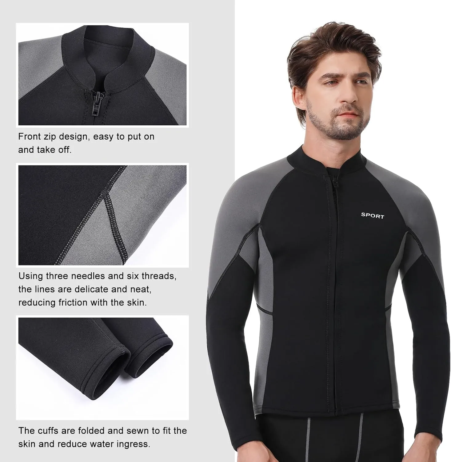 Women Men Top Wetsuit Jacket, 2mm 3mm Neoprene Swim Wet Suit Shirt Long Sleeves Front Zip for Adult Youth Cold Water Snorkeling Diving Surfing Watersports
