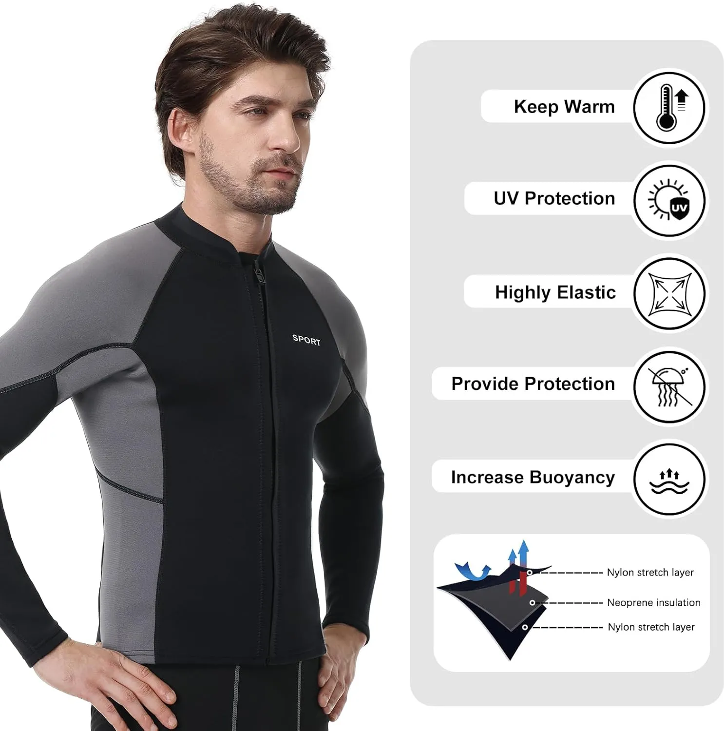 Women Men Top Wetsuit Jacket, 2mm 3mm Neoprene Swim Wet Suit Shirt Long Sleeves Front Zip for Adult Youth Cold Water Snorkeling Diving Surfing Watersports