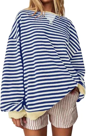 Women Oversized Striped Crewneck Sweatshirt Long Sleeve Color Block Pullover Tops Casual Loose Workout Shirt