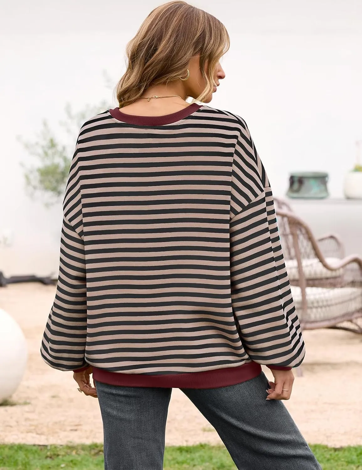 Women Oversized Striped Crewneck Sweatshirt Long Sleeve Color Block Pullover Tops Casual Loose Workout Shirt