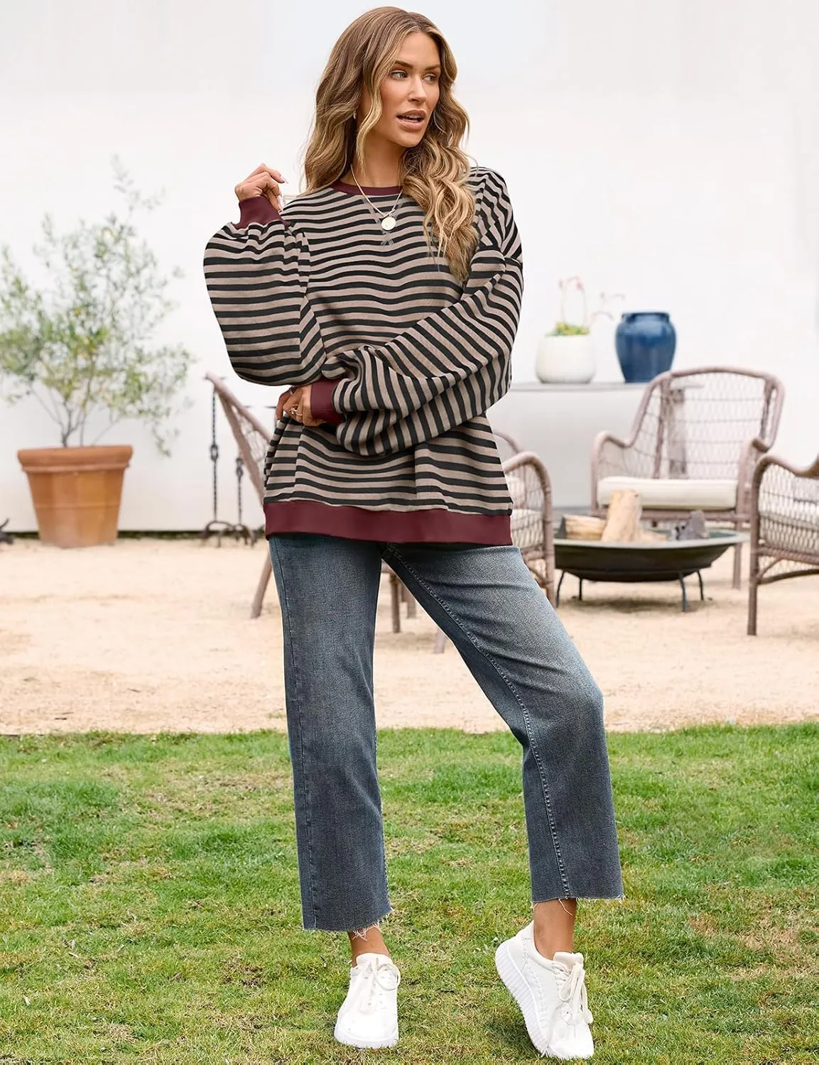 Women Oversized Striped Crewneck Sweatshirt Long Sleeve Color Block Pullover Tops Casual Loose Workout Shirt