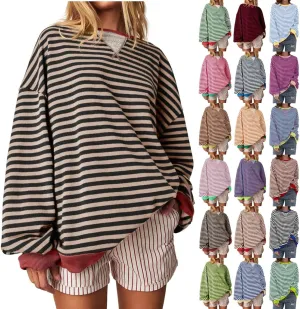 Women Oversized Striped Crewneck Sweatshirt Long Sleeve Color Block Pullover Tops Casual Loose Workout Shirt