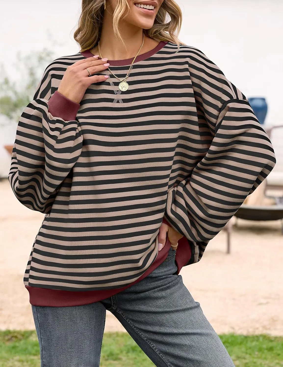 Women Oversized Striped Crewneck Sweatshirt Long Sleeve Color Block Pullover Tops Casual Loose Workout Shirt